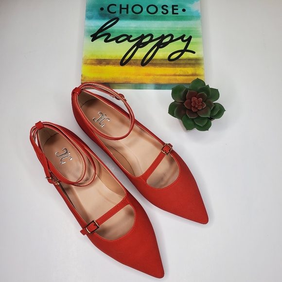 Red Ankle Strap Mary Jane Flats - Picture 2 of 8